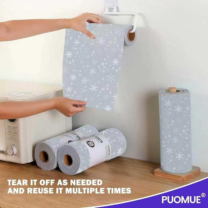 55 Pack Microfiber Christmas Cleaning Cloth Roll, Tear Away Reusable Towels, 11" X 9", Ultra Absorbent & Lint Free Microfiber Cloth for Cleaning Cars, Kitchen, and Window, Christmas Snowflake