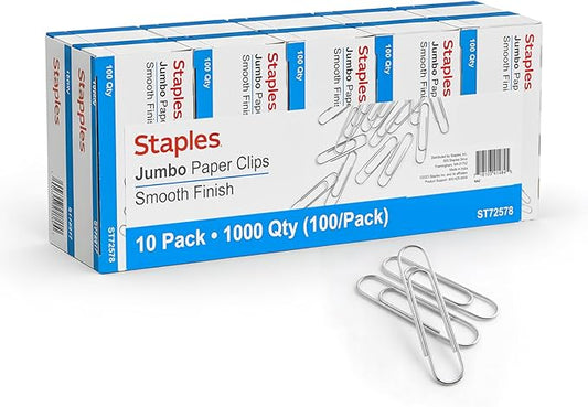 Staples Jumbo Paper Clips, Silver, 1,000 Pack – Large Steel Clips for Documents, Brochures & Office Organization