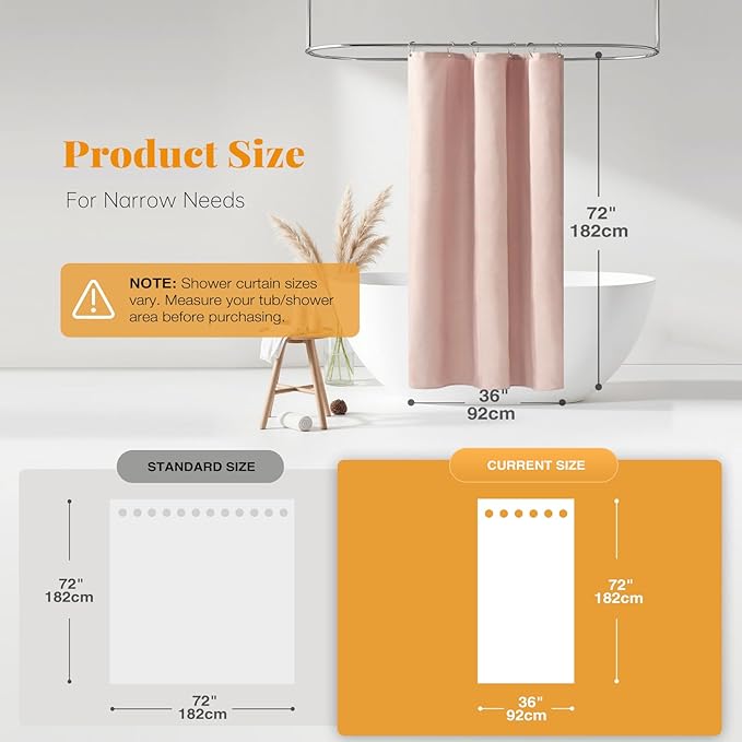 BTTN Stall Fabric Shower Curtain - 36x72 Inch Narrow Linen Textured Heavy Duty Shower Curtain Set with 6 Plastic Hooks, Half Neutral Minimalist Waterproof Shower Curtains for Bathroom - Blush Pink