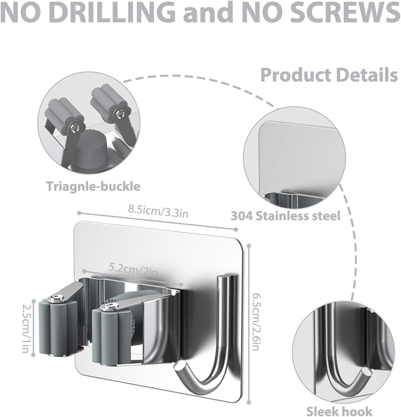 Mop Broom Holder No Drill, Mop Broom Organizer Wall Mounted Heavy Duty with Hooks Hanger, Self Adhesive Stainless Steel 6Pcs for Bathroom, Kitchen, Office (Silver)