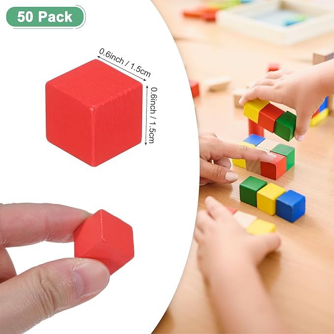 50-Pack DIY Wooden Cube, 0.6 Inch(1.5 Cm) Colored Natural Wood Blocks for Crafts Making Puzzle Games/Wedding/Home Decor/Dice/Building, Square Blank Block [Orange]