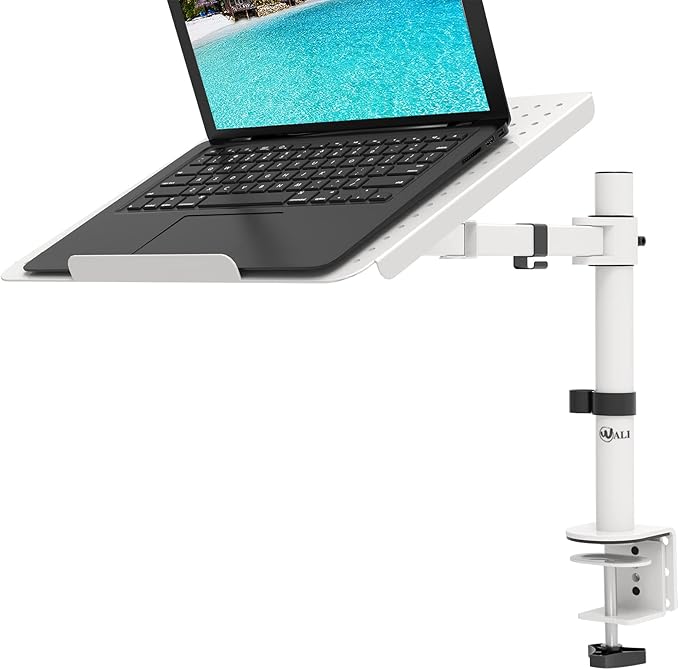 WALI Laptop Desk Mount for 17 inch Notebook, Adjustable Single Monitor Arm with Laptop Holder for 32 inch Screen, Laptops Stand with Ventilated Tray, Up to 22 Lbs, (M00LP-W), White