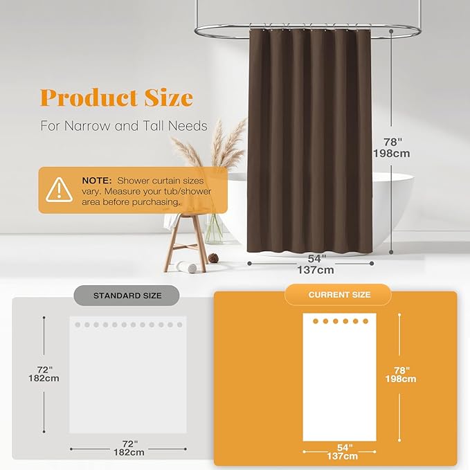 BTTN Fabric Shower Curtain, Linen Textured Heavy Duty Polyester Cloth Shower Curtain Set with Plastic Hooks, Brown, 54x78