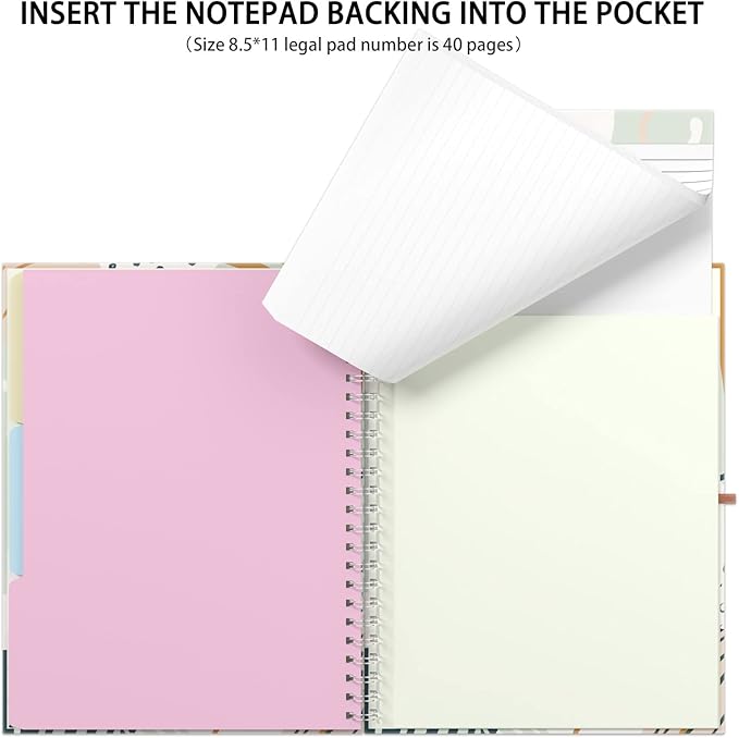 Rimilak Spiral Clipboard Folio with Refillable Lined Notepad, 14.5 x 9.8 In, Hardcover Cover with 5 Interior Pockets, Elastic Band and Pen Loop Series. Cute Stylish Clipfolio, Bohe Leaves