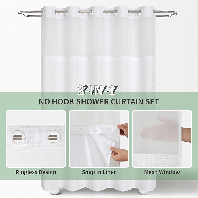 Extra Long No Hook Shower Curtain with Snap-in Fabric Liner Set,White Waffle Weave Shower Curtains for Bathroom,Hotel Luxury Decor Bathroom Curtain Set,Waterproof & Washable,71Wx86H