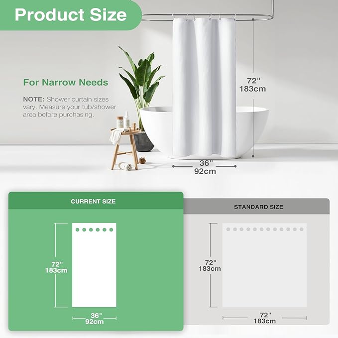 Dynamene Stall Fabric Shower Curtain - Waffle Weave 36 Inches Small Half Size Heavy Duty Cloth Shower Curtains for Bathroom, 256GSM Narrow Hotel Bath Curtain Set with 6 Plastic Hooks(36Wx72H, White)