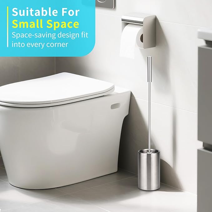 Toilet Bowl Brush and Holder Solid Long Handle Toilet Brush for Bathroom with Heavy Duty 304 Stainless Steel Base and 2 Brush Heads for Domestic Deep Cleaning Under Rims (Silver 1)