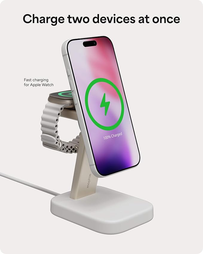 Mophie 2-in-1 Wireless Charging Stand - Qi2-Certified, MagSafe Charger for iPhone & Apple Watch – Fast Charging Station with Adjustable Phone Stand & Cable Management – Up to 15W Power