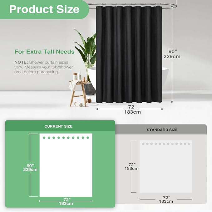 Dynamene Extra Long Fabric Shower Curtain - Waffle Weave 90 Inches Long Heavy Duty Cloth Shower Curtains for Bathroom, 256GSM Tall Hotel Luxury Bath Curtain Set with 12 Plastic Hooks(72Wx90H, Black)
