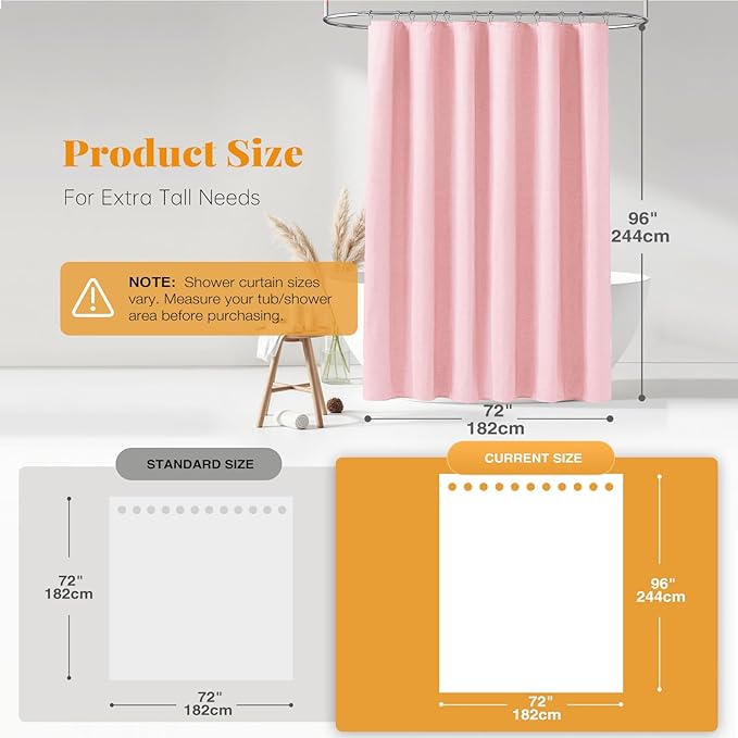 BTTN Extra Long Shower Curtain, 96 Inch Linen Textured Heavy Duty Fabric Shower Curtain Set with 12 Plastic Hooks, Large Luxury Decorative Polyester Cloth Shower Curtains for Bathroom, 72"x96", Pink