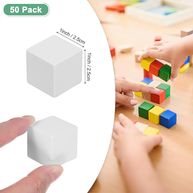 50-Pack DIY Wooden Cube, 1 Inch(2.5 Cm) Colored Natural Wood Blocks for Crafts Making Puzzle Games/Wedding/Home Decor/Dice/Building, Square Blank Block [White]