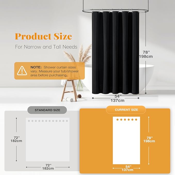 BTTN Stall Fabric Shower Curtain, 54x78 Inch Long Linen Textured Heavy Duty Cloth Shower Curtain Set with 10 Plastic Hook, Narrow Hotel Spa Weighted Bath Curtains for Bathroom, Machine Washable, Black