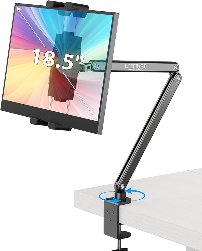 Urmust Portable Monitor Stand 15.6", iPad Stand for Desk, Portable Monitor Holder up to 18.5", Adjustable Desktop Tablet Arm Mount, Apple iPad Holder for Desk, for 4.7"-12.9" iPad Pro/Air/Mini