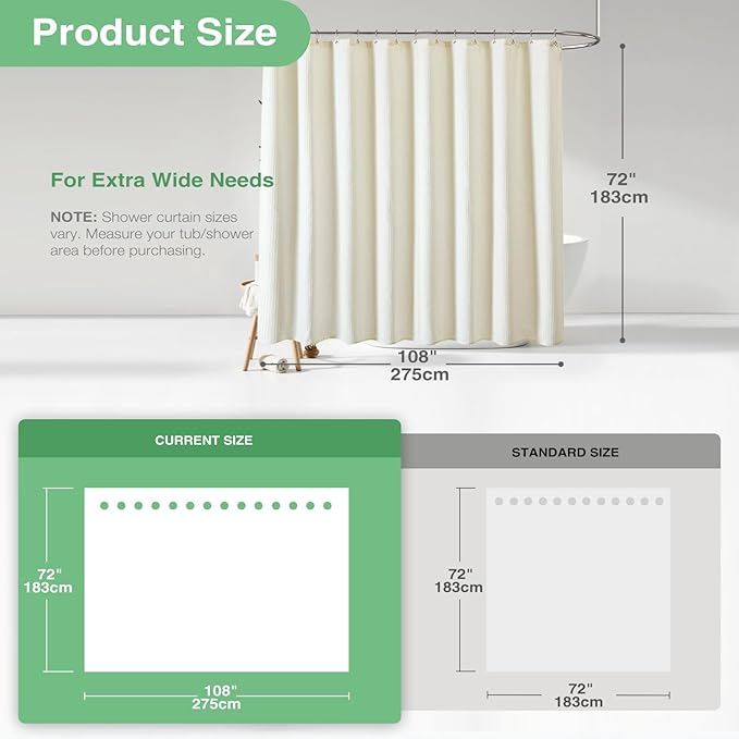 Dynamene Extra Wide Shower Curtain-108 Inch Wide Waffle Weave Weighted Thick Cloth Bathroom Shower Curtain, Neutral Heavy Duty Hotel Bath Curtain Set with 18 Plastic Hooks,108x72, Cream/Ivory