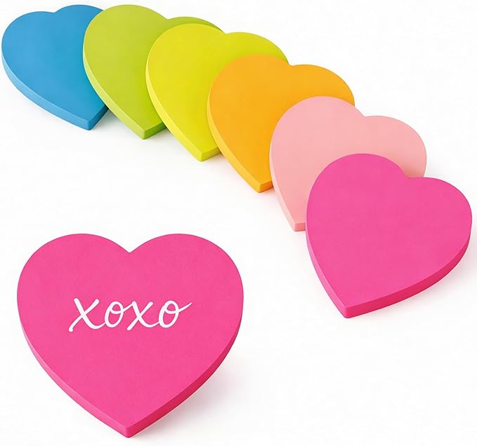 Heart Sticky Notes - 6 Pads Valentines Gifts | Valentines Party Favors Supplies for Women - Post Notes Stickers for Galentines - Teacher Must Have Desk Accessories for Classroom Office,80 Sheets/Pad