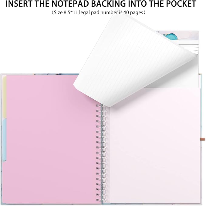 Rimilak Spiral Clipboard Folio with Refillable Lined Notepad, 14.5 x 9.8 In, Hardcover Cover with 5 Interior Pockets, Elastic Band and Pen Loop Series. Cute Stylish Clipfolio, Purple Marble