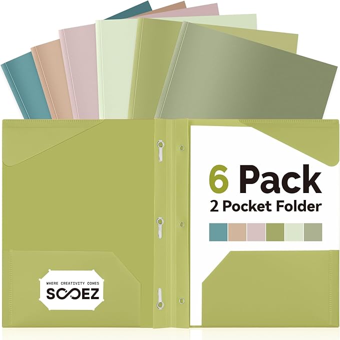Sooez Folders with Pockets and Prong, 6 Pack, Green Colors, File Folders with Prongs, 2 Pocket Folders Bulk, Plastic Folder for School College Supplies, Aesthetic Nursing Cute School Supplies
