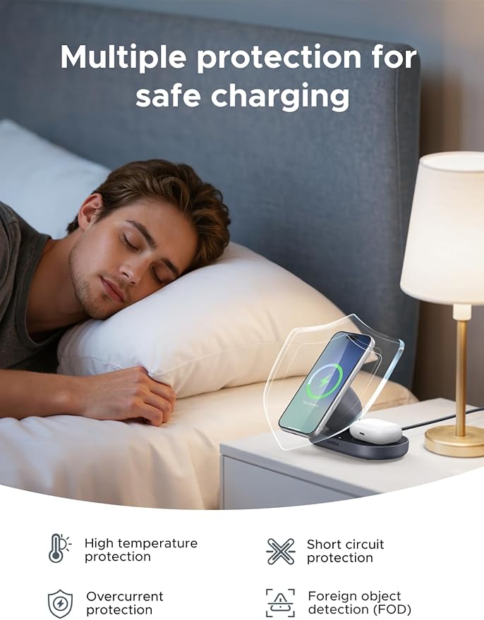 UGREEN Qi2 15W Wireless Charger 2-in-1, MagSafe Compatible Fast Charging Stand for iPhone 17 16 15 14 13 12 Series and AirPods, Fixed Viewing Angle, Compact Desktop Charging Station