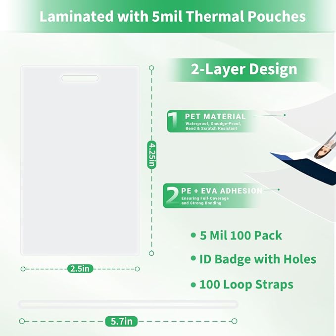 Binditek 5 Mil Laminating Pouches with Hole & Loop, 2.5 x 4.25 Inch ID Badge Lamination Pouches, Clear Thermal Laminating Sleeves for ID Cards, Luggage Tags, Visitor Badges, 100 Pack
