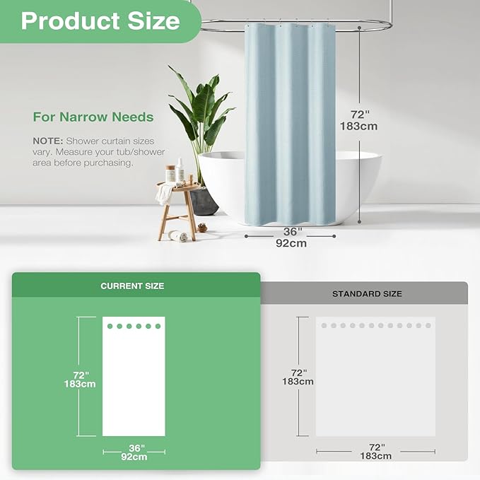 Dynamene Stall Fabric Shower Curtain - 36x72 Waffle Weave Heavy Duty Cloth Shower Curtains for Bathroom, Neutral Weighted Hotel Spa Luxury Bath Curtain Set with 6 Plastic Hooks, Fog Blue