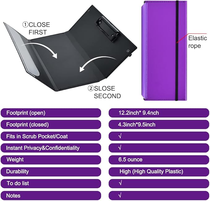 Vuzvuv Nursing Clipboard Foldable, Purple Nurse Pocket Clipboard 3 Layers with Nursing Medical Edition Cheat Sheets, Foldable Nurse Clip Boards Notepad for Students, Nurses, Doctors and Medical Staff