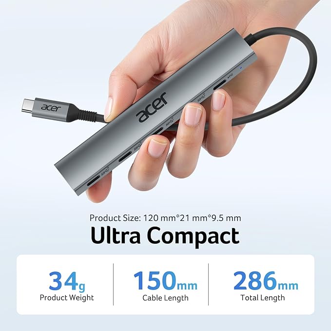 Acer 10 Gbps USB C Hub, USBC Splitter with 4*USB C 3.2 and 100W PD Port, Fast Transfer Type-C Multiport Adapter Compatible with MacBook Pro/M2/M1, iPad, Surface Pro, XPS【No Video Output】