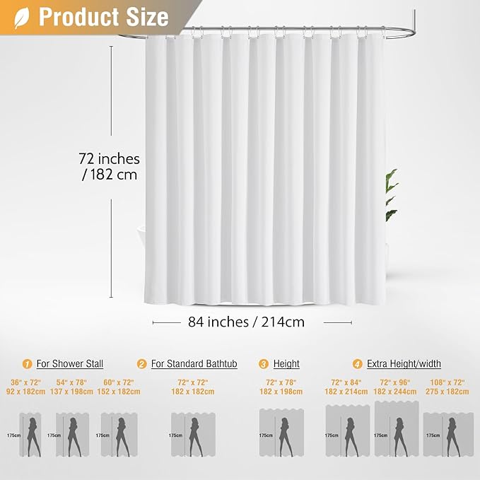 BTTN Fabric Shower Curtain, Linen Textured Heavy Duty Polyester Cloth Shower Curtain Set with Plastic Hooks, White, 84" W x 72" L (Pack of 1)