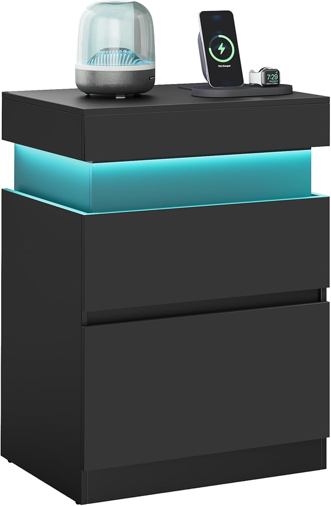 VASAGLE Kailyn Collection - Nightstand with Power Outlets, Sliding Lid, Modern Bedside Table with LED Lights, End Table, 2 Drawers, 15.7 x 18.9 x 26.8 Inches, Ink Black ULET650BC01S