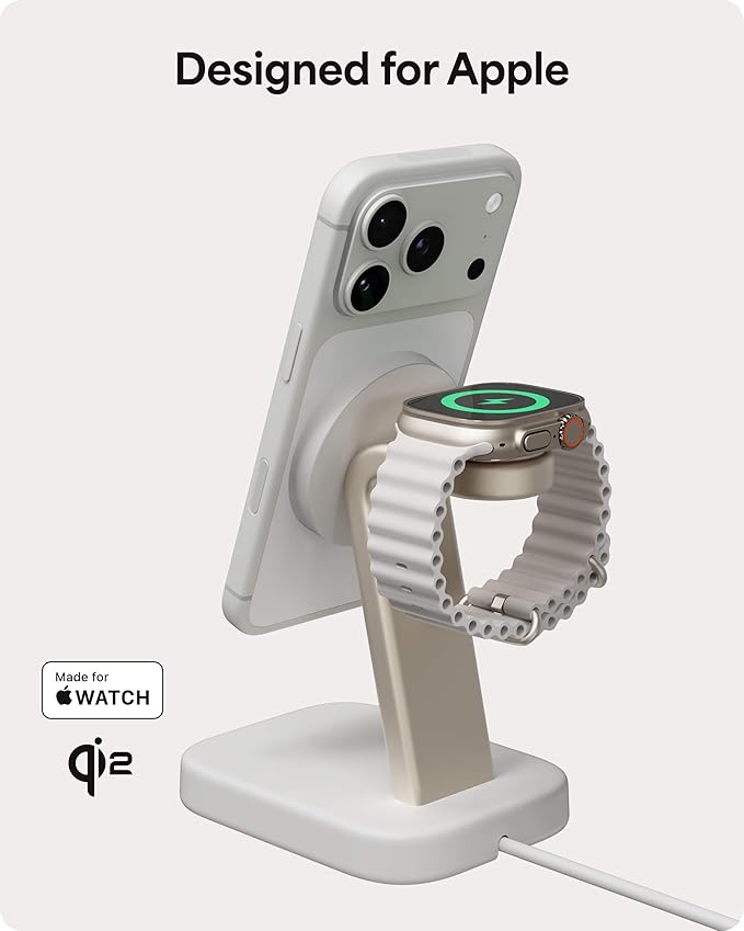 Mophie 2-in-1 Wireless Charging Stand - Qi2-Certified, MagSafe Charger for iPhone & Apple Watch – Fast Charging Station with Adjustable Phone Stand & Cable Management – Up to 15W Power