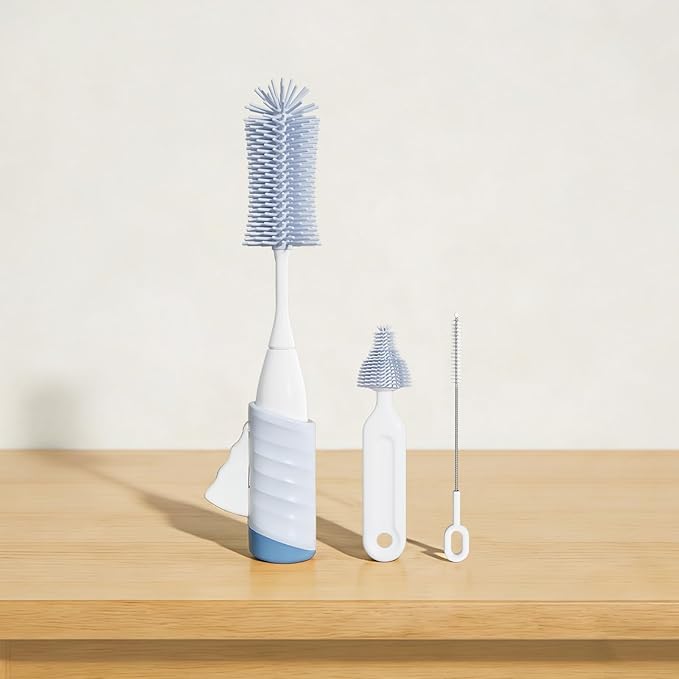 Bottle Brush Set, Innovative Efficient Press-to-Spin Brush Cleaner - Includes Silicone Baby Bottle Brush, Nipple Brush, Straw Cleaner - Spinning Generates Rich Foam for Deep Cleaning, Blue