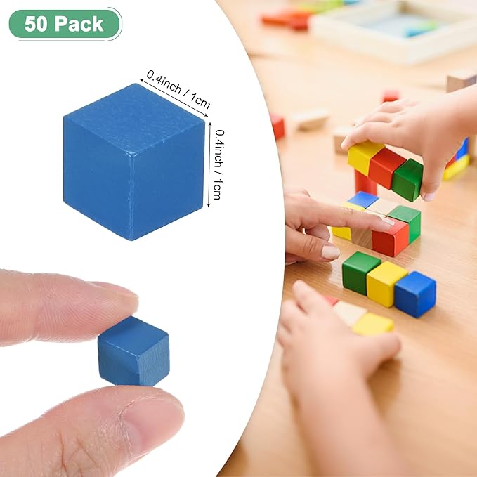 50-Pack DIY Wooden Cube, 0.4 Inch(1 Cm) Colored Natural Wood Blocks for Crafts Making Puzzle Games/Wedding/Home Decor/Dice/Building, Square Blank Block [Blue]