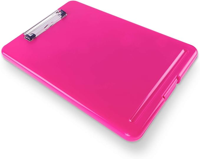Clipboard with Storage Slim Folding for Nursing, Teachers, Coaches & Office, Plastic Heavy Duty with Pen Holder (9.5” x 13.5”) (Pink)
