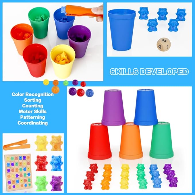 NEOROD Counting Bears - 90 Pcs Color Sorting Toys for Toddlers 1-3 & Preschool Learning Toys with Stacking Cups,Math Manipulatives with 2 Tweezers, 2 Dices, 12 Activity Cards & Storage Container