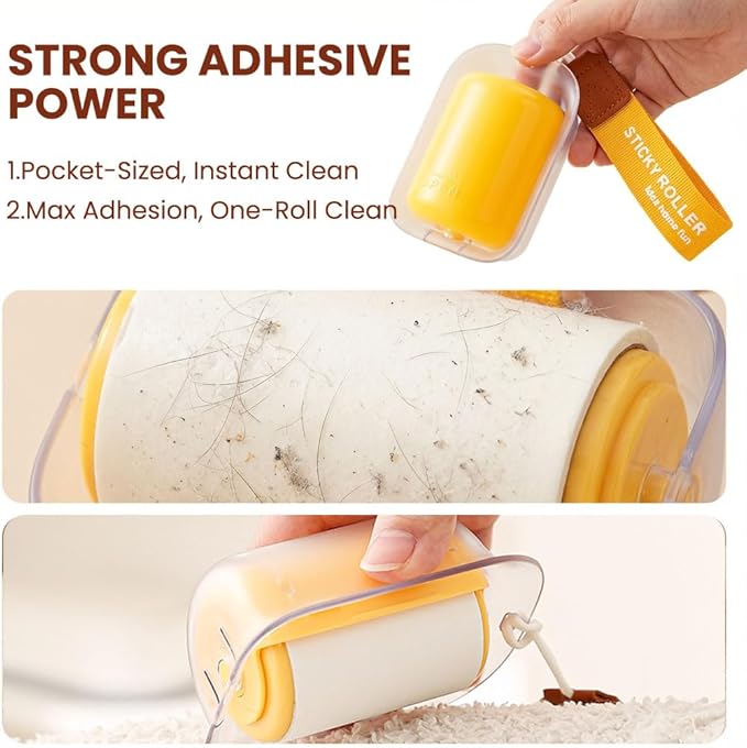 Travel Portable Lint Roller with Hand Strap, Reusable Mini Extra Sticky Pet Hair Remover for Dog Cat Fur, for Clothes Bag Dust Fuzz (Yellow)