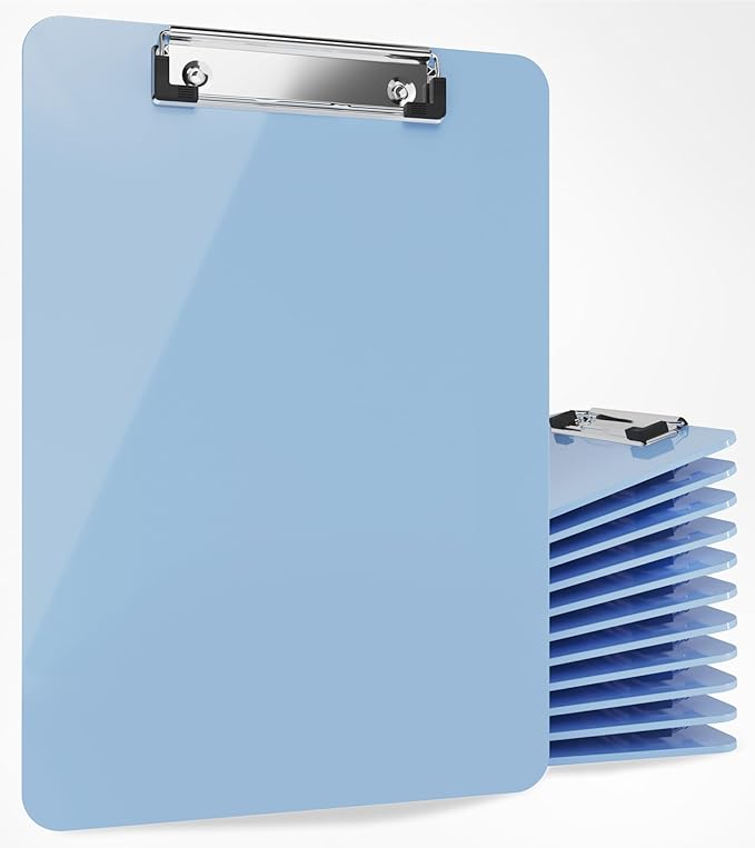 Light Blue Plastic Clipboard with Low Profile Clip (Pack of 12) - Letter Size Clipboard Blue with Flat Clip, A4 Size Acrylic Clip Board for Boys and Girls | Cute College & Back to School Supplies