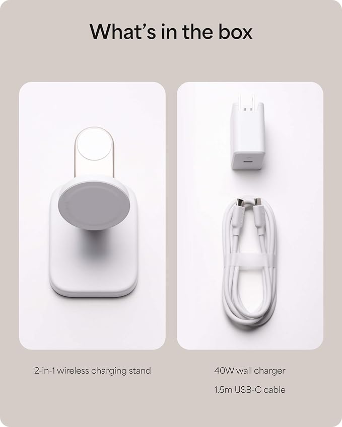 Mophie 2-in-1 Wireless Charging Stand - Qi2-Certified, MagSafe Charger for iPhone & Apple Watch – Fast Charging Station with Adjustable Phone Stand & Cable Management – Up to 15W Power