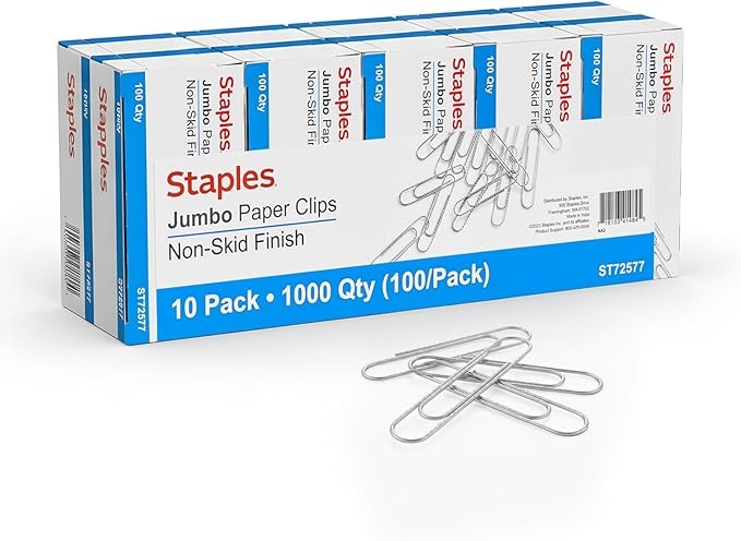 Staples Jumbo Paper Clips, Silver, Non‑Skid, 1,000 Pack – Heavy‑Duty Clips for Thick Documents & Office Filing