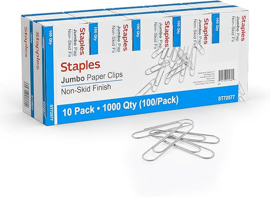 Staples Jumbo Paper Clips, Silver, Non‑Skid, 1,000 Pack – Heavy‑Duty Clips for Thick Documents & Office Filing
