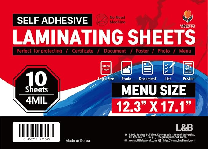 Self Adhesive Laminating Sheets 12.3x17.1 inch, 10 Pack, 4mil Thickness, No-Machine Needed, QuickPeel, Instashield, Stick&GO (10 Sheets, Menu Size 4mil)