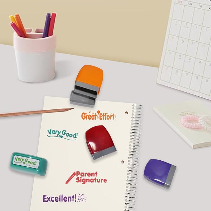 8-Pcs Self-Inking Teacher Stamps for Classroom – Colorful Motivational Stamps Set with Transparent Storage Box, Perfect for Grading Homework, Rewards & Parent Signatures (Rainbow)