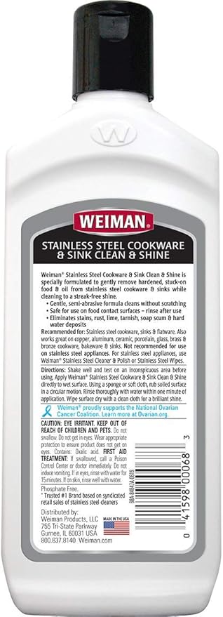 Weiman Stainless Steel Sink and Cookware Cleaner and Polish with Microfiber Cloth - 8 Ounce