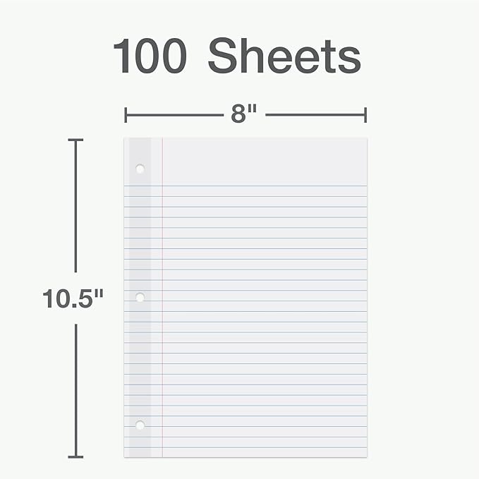 Oxford Reinforced Filler Paper, 8 x 10.5 Inch, Wide Rule, 3 Hole Punched, Lined Loose Leaf Paper for Ring Binders, 100 Sheets, White (1002098)