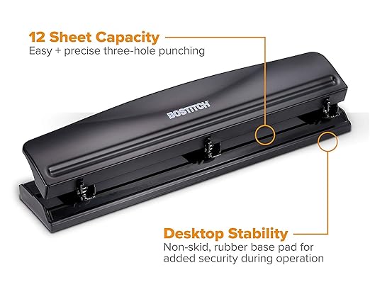 Bostitch Office 3 Hole Punch, Durable Metal,Rubber Base, 12 Sheets, Black