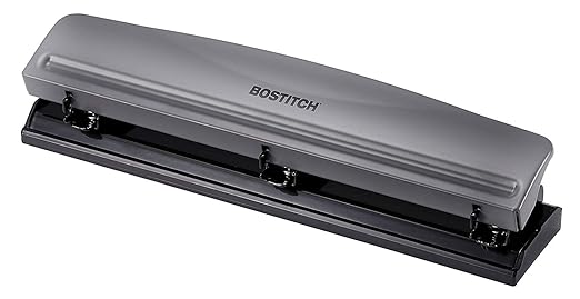 Bostitch Office Premium 3 Hole Punch, 12 Sheet Capacity, Metal, Rubber Base, Easy-Clean Tray, Silver, Gray