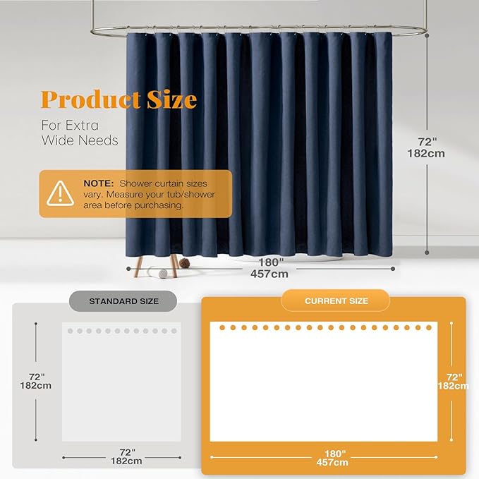 BTTN Extra Long Fabric Shower Curtain - 180x72 Inch Linen Textured Heavy Duty Tall Cloth Shower Curtain Set with 32 Plastic Hooks, Large Hotel Luxury Polyester Shower Curtains for Bathroom, Navy Blue