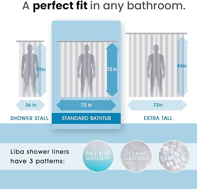 LiBa PEVA Shower Curtain Liner with 12 Plastic Shower Rings - 8G Waterproof Shower Liner, Pale Blue Gradient Weighted Bathroom Curtain, 72x72 Inch Shower Curtain Liner Set with Magnets