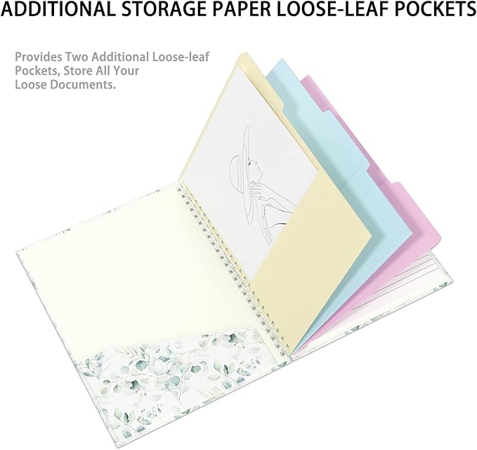 Rimilak Spiral Clipboard Folio with Refillable Lined Notepad, 14.5 x 9.8 In, Hardcover Cover with 5 Interior Pockets, Elastic Band and Pen Loop Series. Cute Stylish Clipfolio, Green Leaves