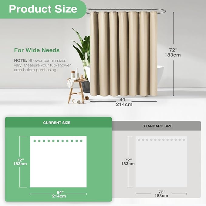 Dynamene Extra Wide Shower Curtain - 84 Inch Wide Waffle Weave Weighted Thick Cloth Bathroom Shower Curtain, Neutral Heavy Duty Hotel Bath Curtain Set with 14 Plastic Hooks, 84x72, Beige/Khaki