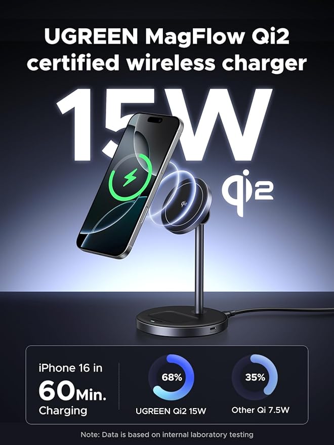 UGREEN Qi2 Certified 15W 2-in-1 Magnetic Wireless Charging Stand, Fast Charging Station for iPhone 17 16 15 14 13 12 Series and AirPods, MagSafe-Compatible Wireless Charger with 3 FT USB-C Cable