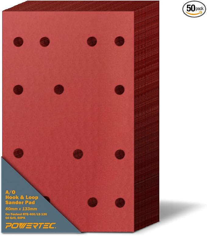 POWERTEC 4R13506-50, 60 Grit for Festool RTS 400/ LS 130, 80mm x 130mm A/O Hook and Loop Sander Pad, 50PK